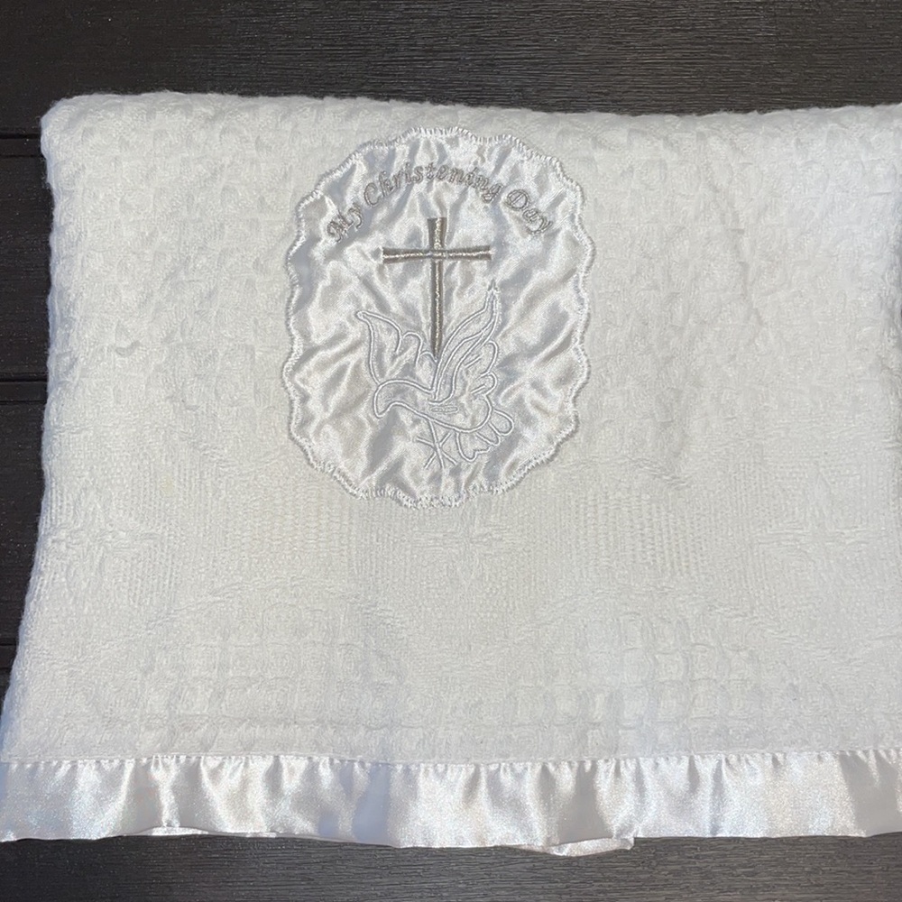 Large baby satin embroidered my christening day blanket Christening